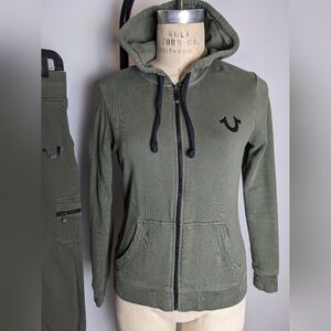 True Religion, Hooded zip-up jacket and Cargo joggers Set, Olive green, Size Sm.